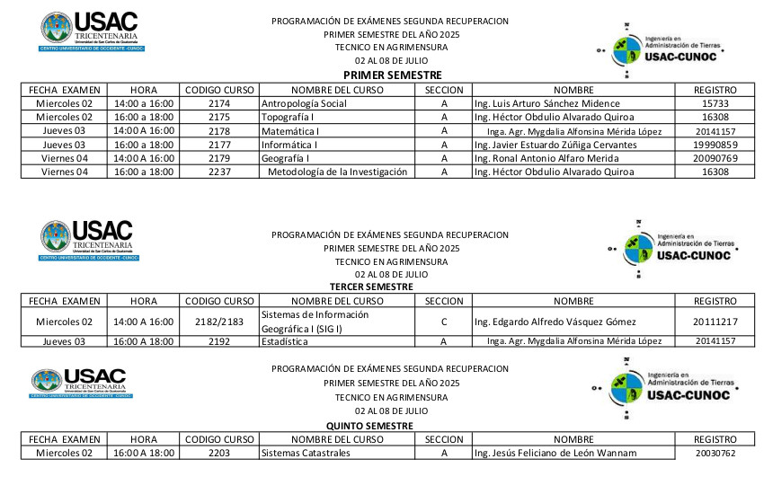 Segunda Recuperación Primer Semestre 2025 Ingeniería en Administración de Tierras